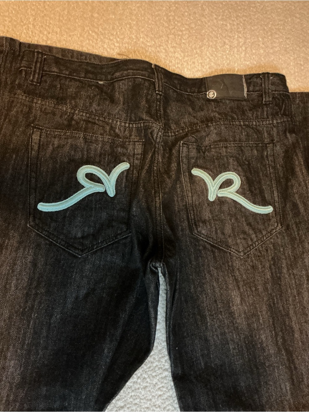 Rocawear Vintage Black Bootcut Jeans with Teal Back Pocket Stitching